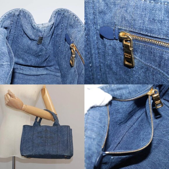 PRADA Canapa PM Hand Bag Denim Blue Gold Auth am7316V - Picture 14 of 15